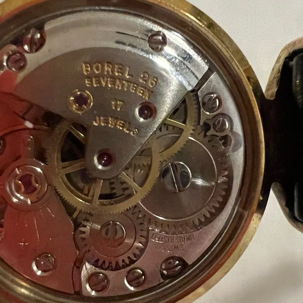🩷 Ernest Borel 26 Gold-Plated 17🩷 Jewel Kaleidoscope Watch w/ Black Leather Band